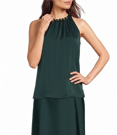 Donna Karan Woven Charmeuse High Neck Sleeveless Blouse