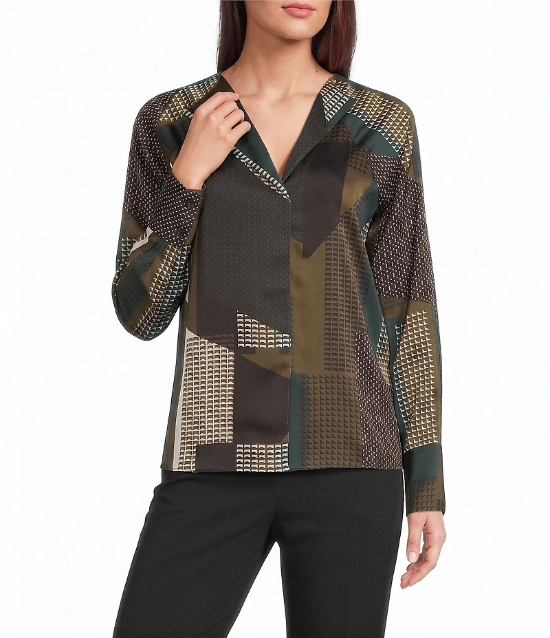 Donna Karan Woven Charmeuse Print V-Neck Long Sleeve Blouse