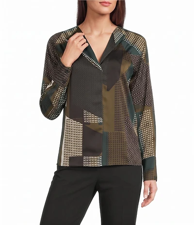 Donna Karan Woven Charmeuse Print V-Neck Long Sleeve Blouse