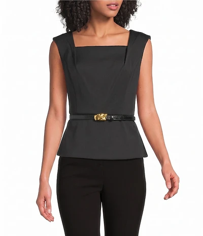 Donna Karan Woven Crepe Square Neck Sleeveless Blouse