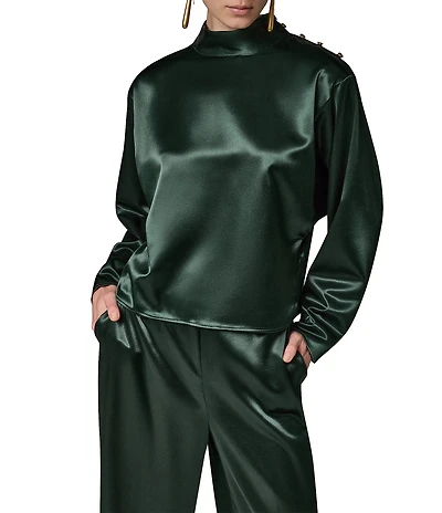 Donna Karan Woven Lux Drape Satin High Neck Long Sleeve Blouse