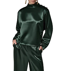 Donna Karan Woven Lux Drape Satin High Neck Long Sleeve Blouse
