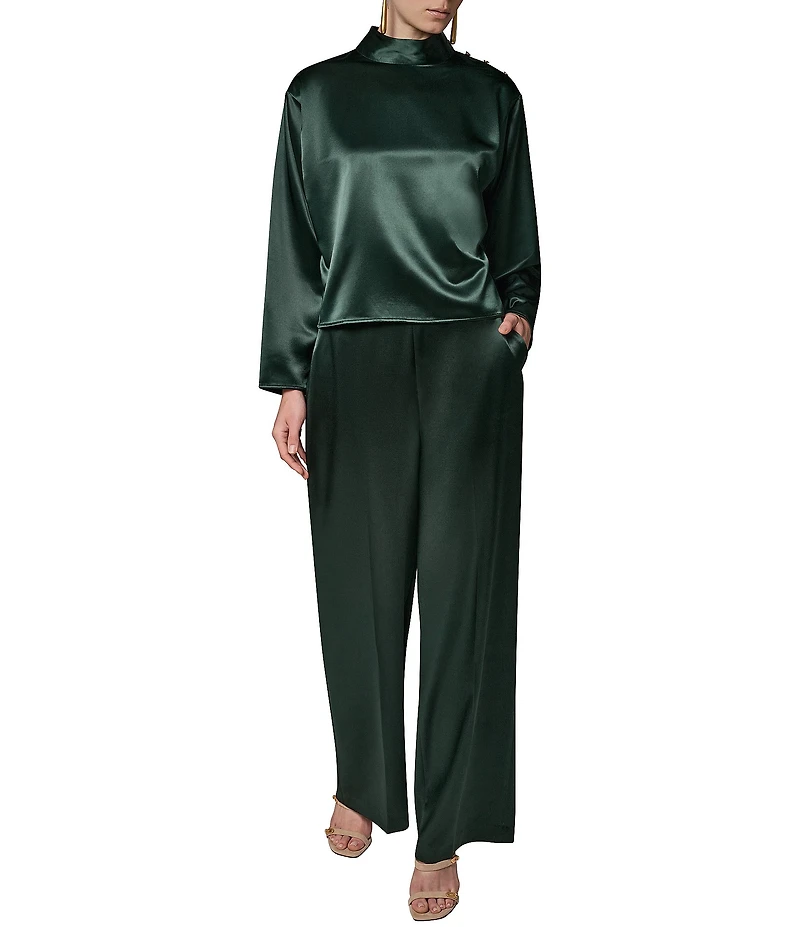 Donna Karan Woven Lux Drape Satin High Neck Long Sleeve Blouse