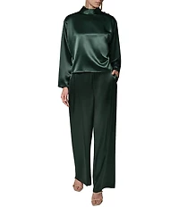 Donna Karan Woven Lux Drape Satin High Neck Long Sleeve Blouse