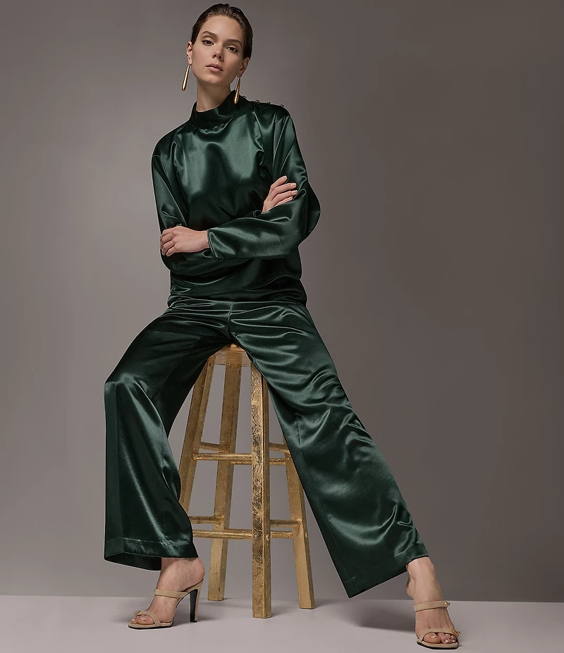Donna Karan Woven Lux Drape Satin High Neck Long Sleeve Blouse