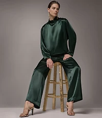 Donna Karan Woven Lux Drape Satin High Neck Long Sleeve Blouse