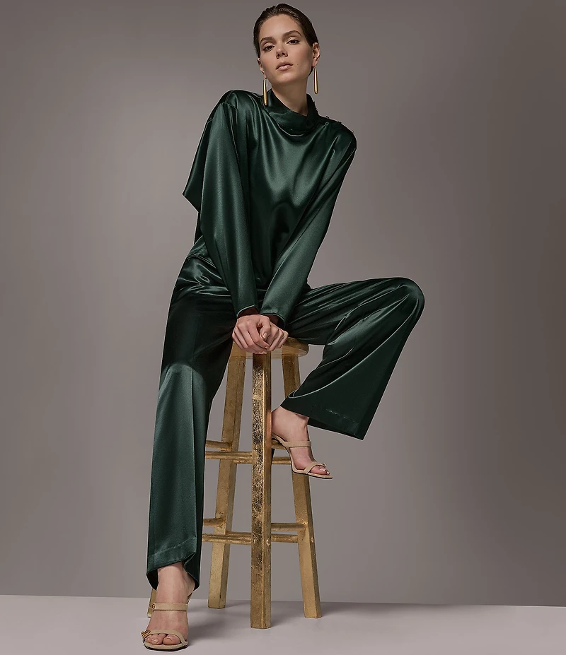 Donna Karan Woven Lux Drape Satin High Neck Long Sleeve Blouse