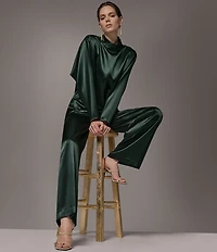 Donna Karan Woven Lux Drape Satin High Neck Long Sleeve Blouse