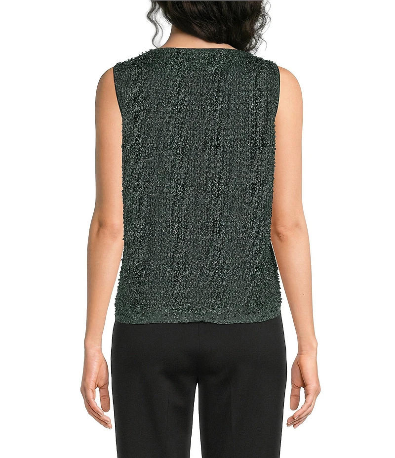 Donna Karan Woven Metallic Boat Neck Sleeveless Pearl Cropped Blouse