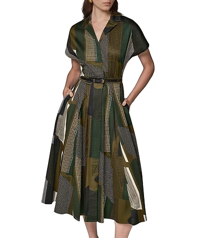 Donna Karan Woven Multi-Color Print Spread Collar Short Sleeve Belted Shirt Dress