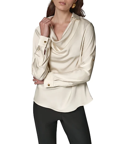 Donna Karan Woven Satin Back Crepe Front Cowl Neck Long Sleeve Blouse