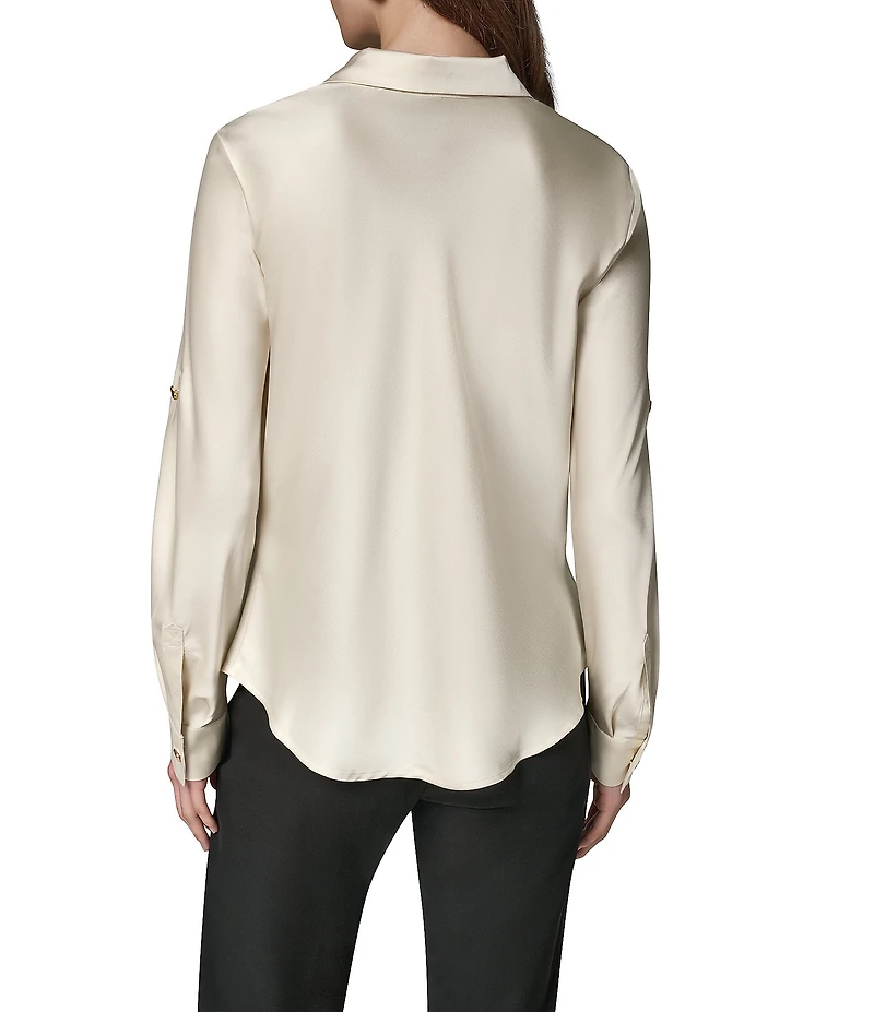 Donna Karan Woven Satin Back Crepe Front Cowl Neck Long Sleeve Blouse