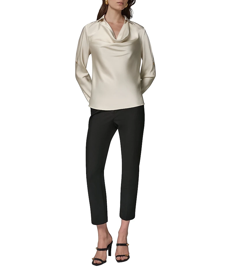 Donna Karan Woven Satin Back Crepe Front Cowl Neck Long Sleeve Blouse