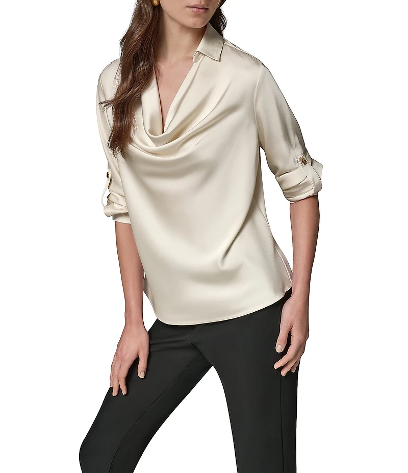 Donna Karan Woven Satin Back Crepe Front Cowl Neck Long Sleeve Blouse