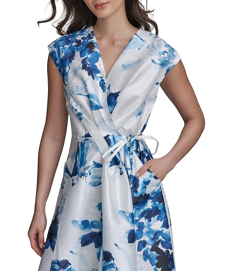 Donna Karan Wrap Front V-Neck A-Line Midi Dress