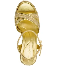 Donna Karan Yalinda Metallic Woven Platform Wedge Espadrille Sandals