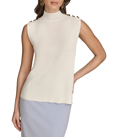 Donna Karan Yarn Knit Button Mock Neck Sleeveless Top