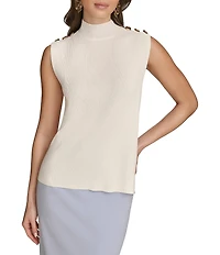 Donna Karan Yarn Knit Button Mock Neck Sleeveless Top