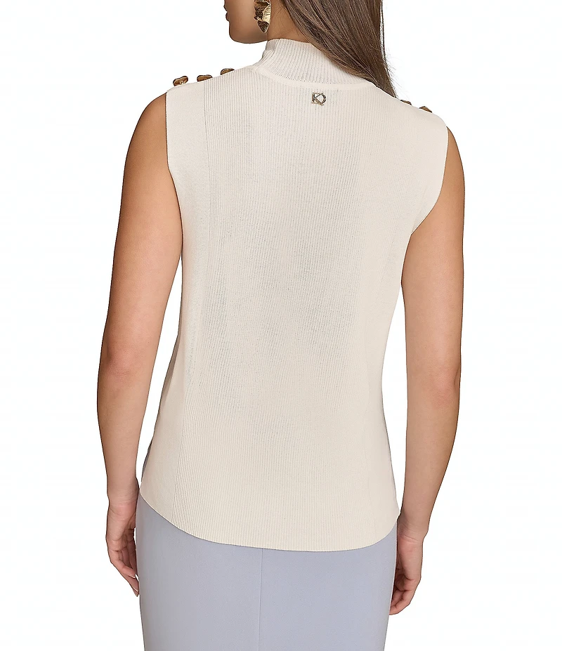 Donna Karan Yarn Knit Button Mock Neck Sleeveless Top