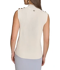 Donna Karan Yarn Knit Button Mock Neck Sleeveless Top