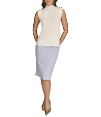 Donna Karan Yarn Knit Button Mock Neck Sleeveless Top