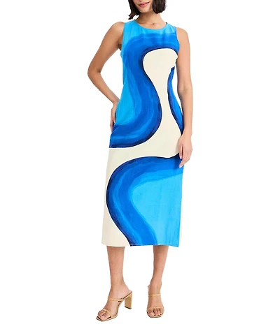 Donna Morgan Abstract Design Sleeveless Linen Midi Dress