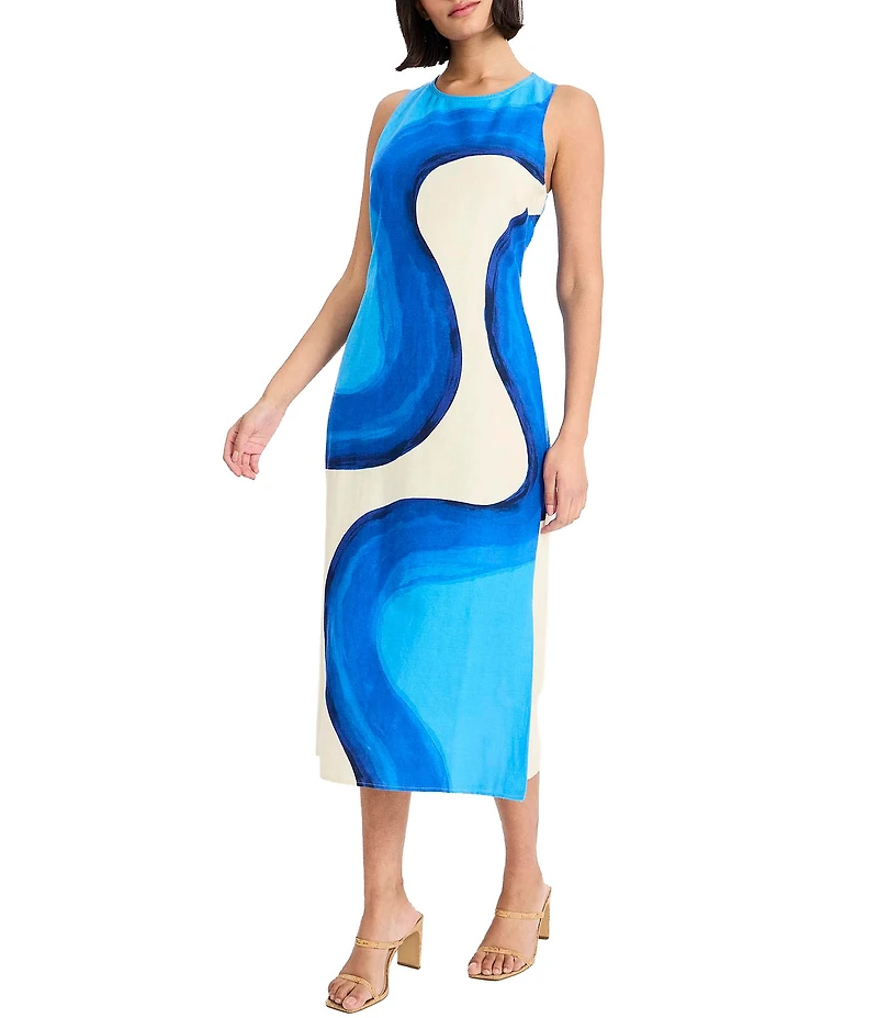 Donna Morgan Abstract Design Sleeveless Linen Midi Dress