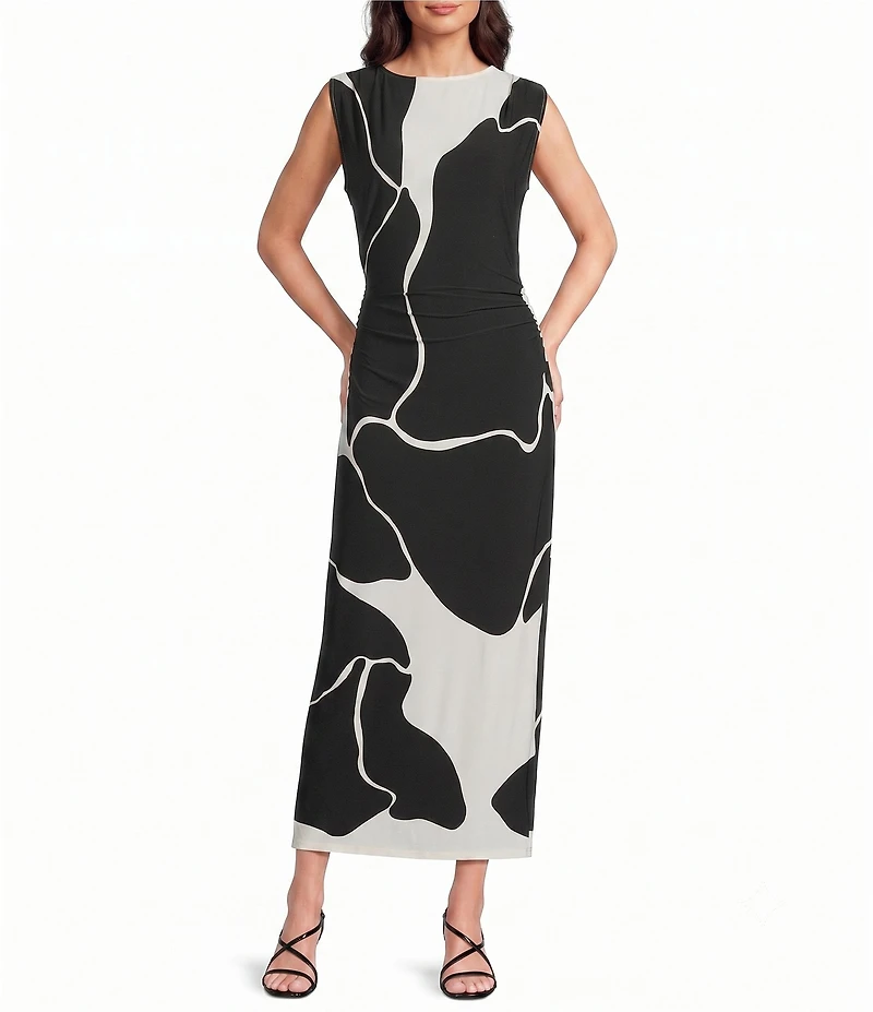 Donna Morgan Abstract Print Boat Neck Sheath Midi Dress