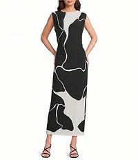 Donna Morgan Abstract Print Boat Neck Sheath Midi Dress