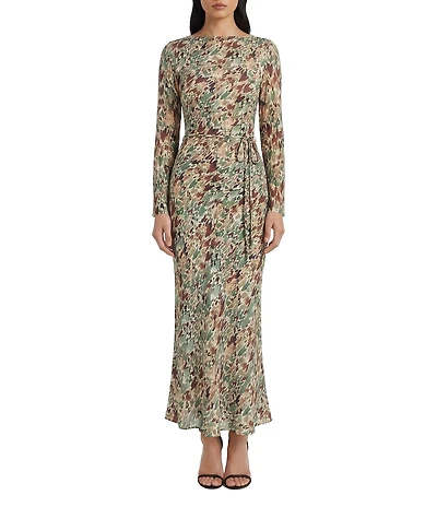 Donna Morgan Abstract Print Tie Waist Long Sleeve Fitted Midi Dress