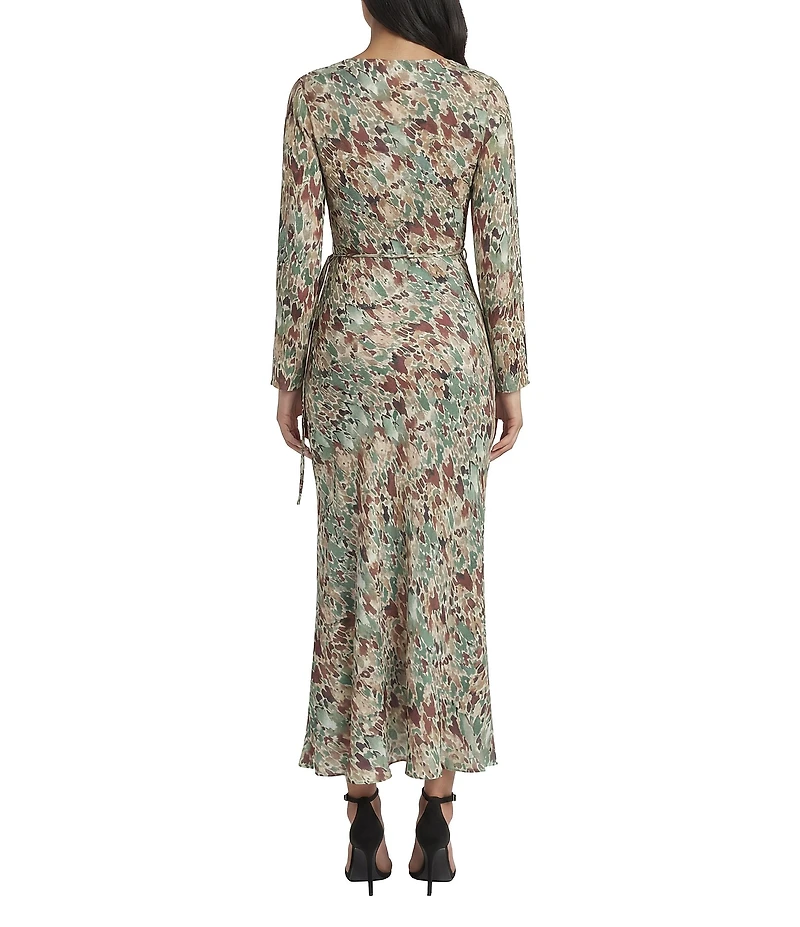 Donna Morgan Abstract Print Tie Waist Long Sleeve Fitted Midi Dress