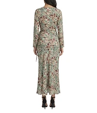 Donna Morgan Abstract Print Tie Waist Long Sleeve Fitted Midi Dress