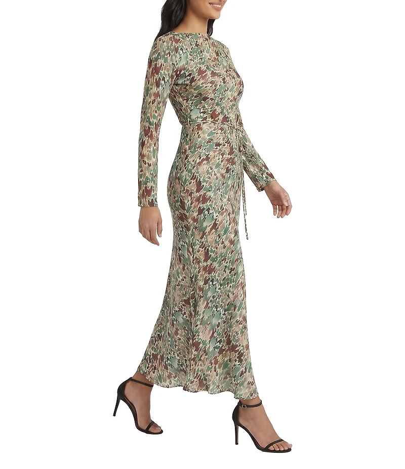 Donna Morgan Abstract Print Tie Waist Long Sleeve Fitted Midi Dress
