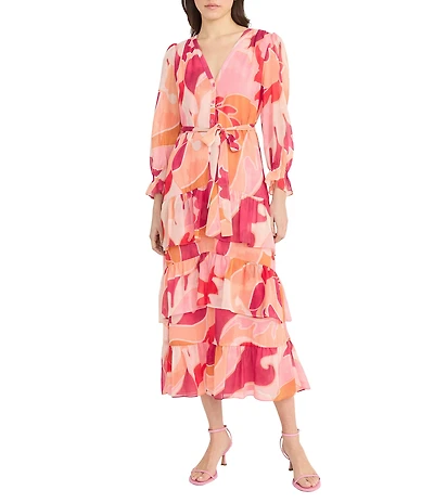 Donna Morgan Abstract Print V Neck Long Sleeve Button Front Waist Tie Button Front Shirt Midi Dress