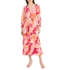 Donna Morgan Abstract Print V Neck Long Sleeve Button Front Waist Tie Button Front Shirt Midi Dress