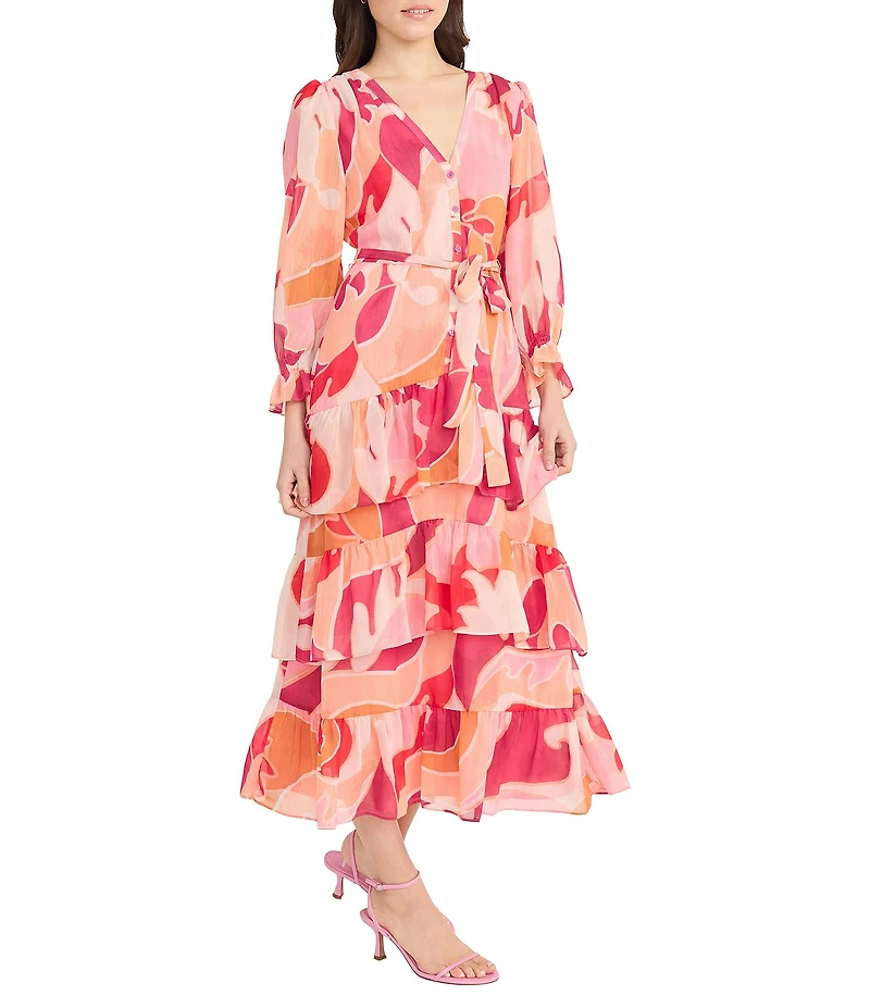 Donna Morgan Abstract Print V Neck Long Sleeve Button Front Waist Tie Button Front Shirt Midi Dress