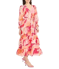 Donna Morgan Abstract Print V Neck Long Sleeve Button Front Waist Tie Button Front Shirt Midi Dress
