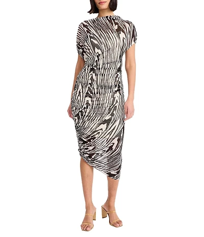 Donna Morgan Asymmetrical Ruched Side Mock Neck Midi Dress