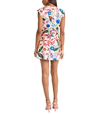Donna Morgan Boat Neck Extend Shoulder Floral Print Cotton Poplin Mini Dress