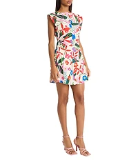 Donna Morgan Boat Neck Extend Shoulder Floral Print Cotton Poplin Mini Dress