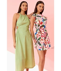 Donna Morgan Boat Neck Extend Shoulder Floral Print Cotton Poplin Mini Dress