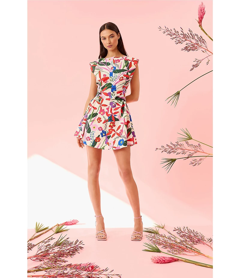 Donna Morgan Boat Neck Extend Shoulder Floral Print Cotton Poplin Mini Dress
