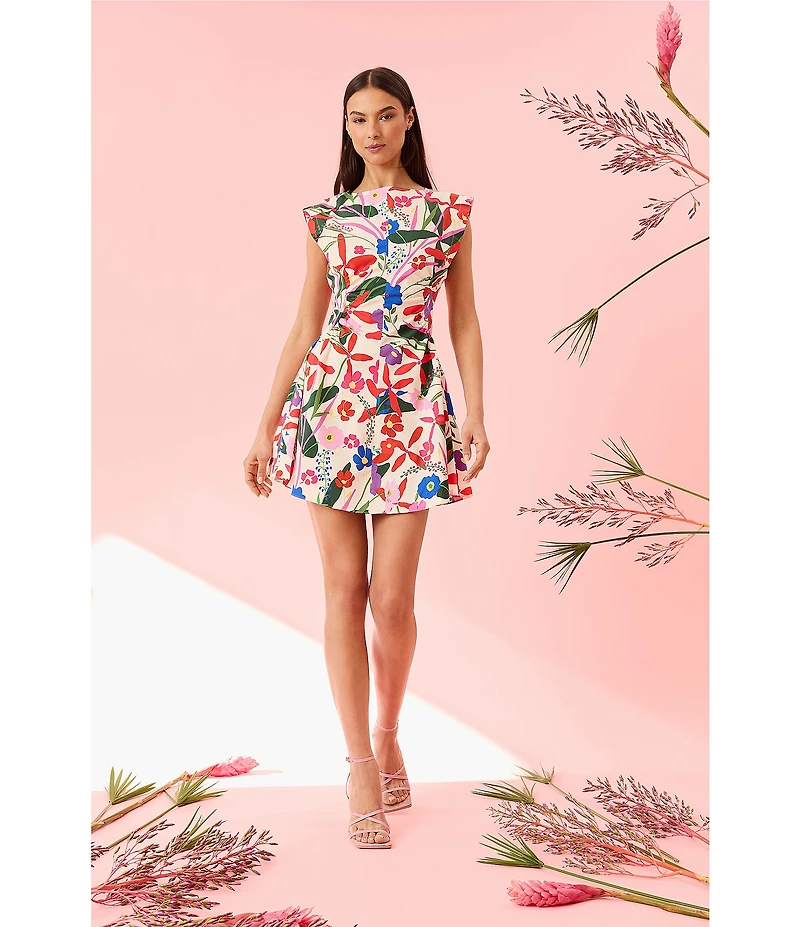 Donna Morgan Boat Neck Extend Shoulder Floral Print Cotton Poplin Mini Dress