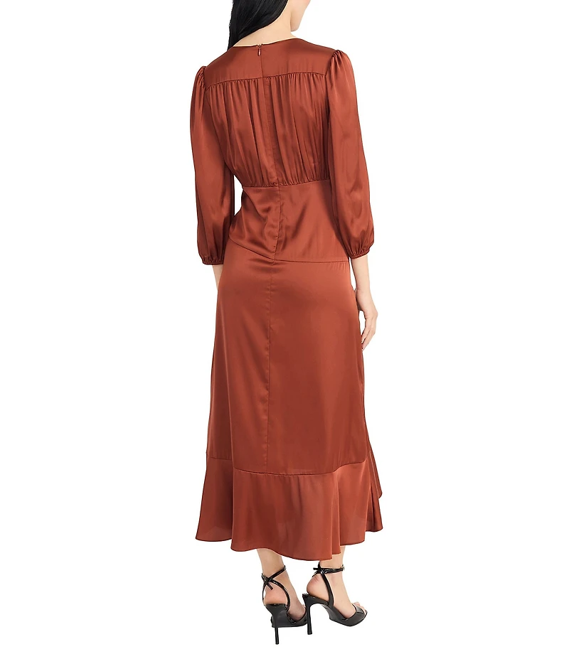 Donna Morgan Charmeuse High Low Hem 3/4 Puff Sleeve Tiered Wrap Midi Dress