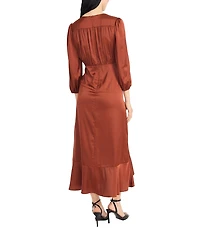 Donna Morgan Charmeuse High Low Hem 3/4 Puff Sleeve Tiered Wrap Midi Dress