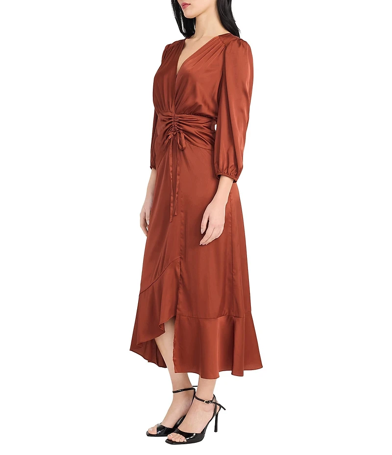 Donna Morgan Charmeuse High Low Hem 3/4 Puff Sleeve Tiered Wrap Midi Dress