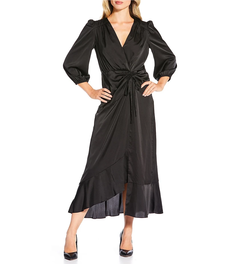 Donna Morgan Charmeuse High Low Hem 3/4 Puff Sleeve Tiered Wrap Midi Dress