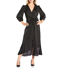Donna Morgan Charmeuse High Low Hem 3/4 Puff Sleeve Tiered Wrap Midi Dress