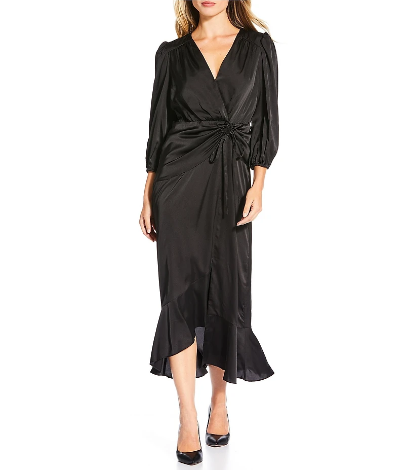 Donna Morgan Charmeuse High Low Hem 3/4 Puff Sleeve Tiered Wrap Midi Dress