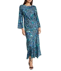 Donna Morgan Charmeuse Long Flare Sleeve Crew Neck Printed Long Sheath Dress